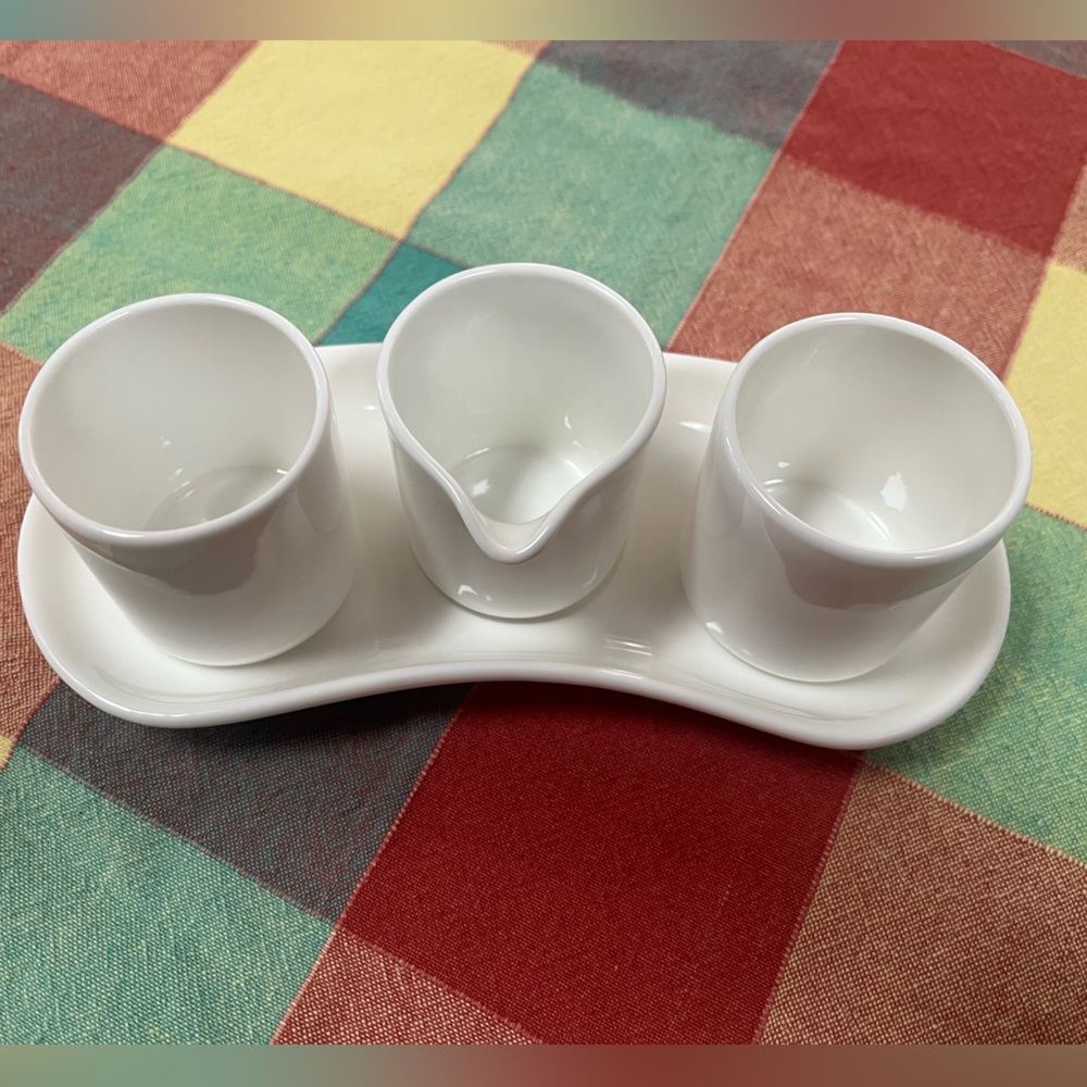 White Ceramic 3-Piece Serveware Set - Trio Dishes with Sauce Pourer